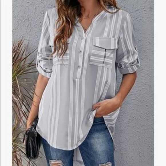 New V Neck Striped Roll Sleeves Button Down Shirt - Picture 3 of 7